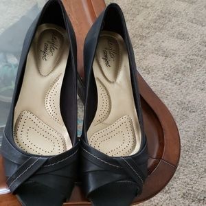 Black slip on open toe shoes